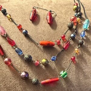 Vintage Avon SP Colorful Beaded Art Glass 3 Strand Necklace andEarring Set